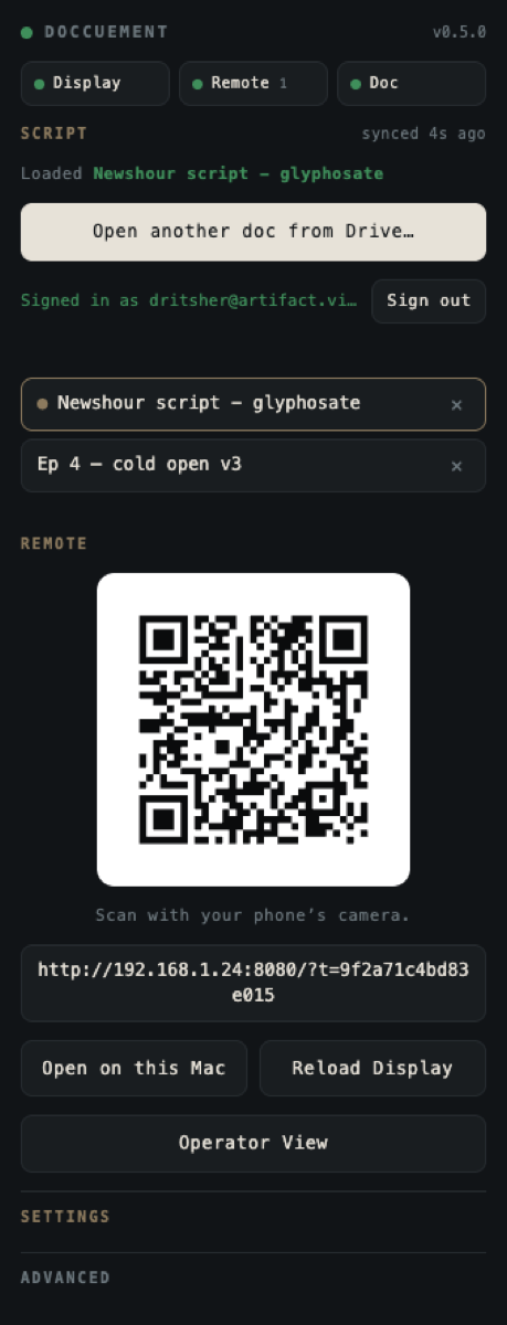 The DocCueMent menu-bar panel showing the signed-in Google account, recent documents, and a QR code for pairing a phone as the remote.